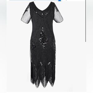 Flapper 1920’S Great Gatsby Black Tassel Dress SZ Med Comes W/ Wig & accessories